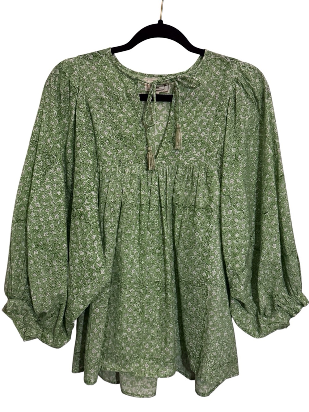 Mille Resort & Travel Small Green Floral Blouse Block Print Boho Western Cotton